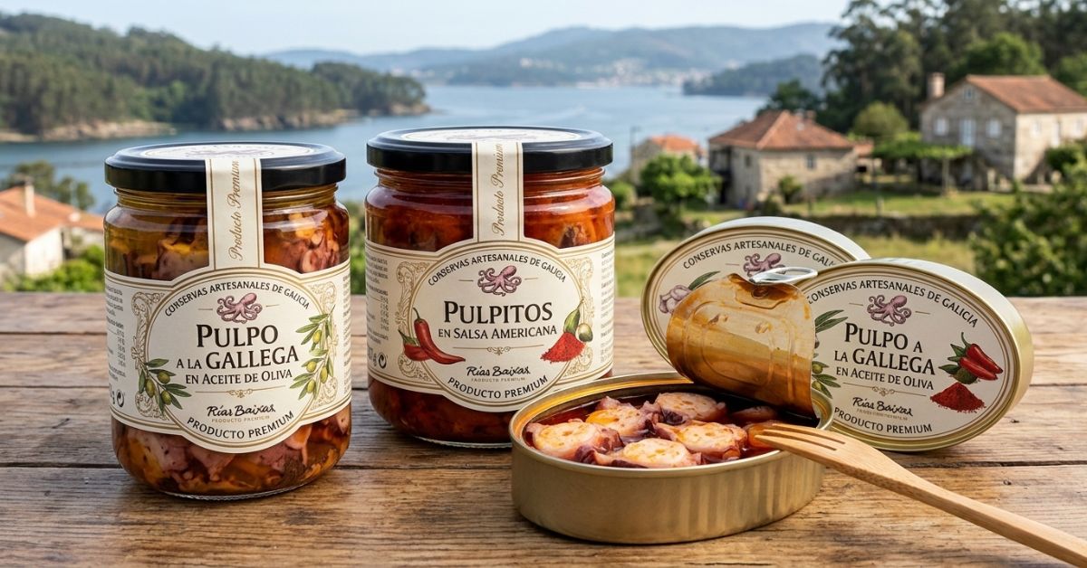 Botes y latas de producto gourmet  etiquetado de alta calidad frente al mar